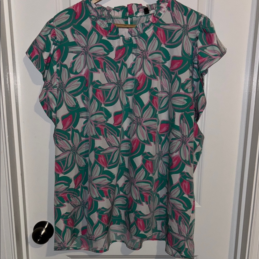 Vibrant Floral Women's Blouse in Pink and Green